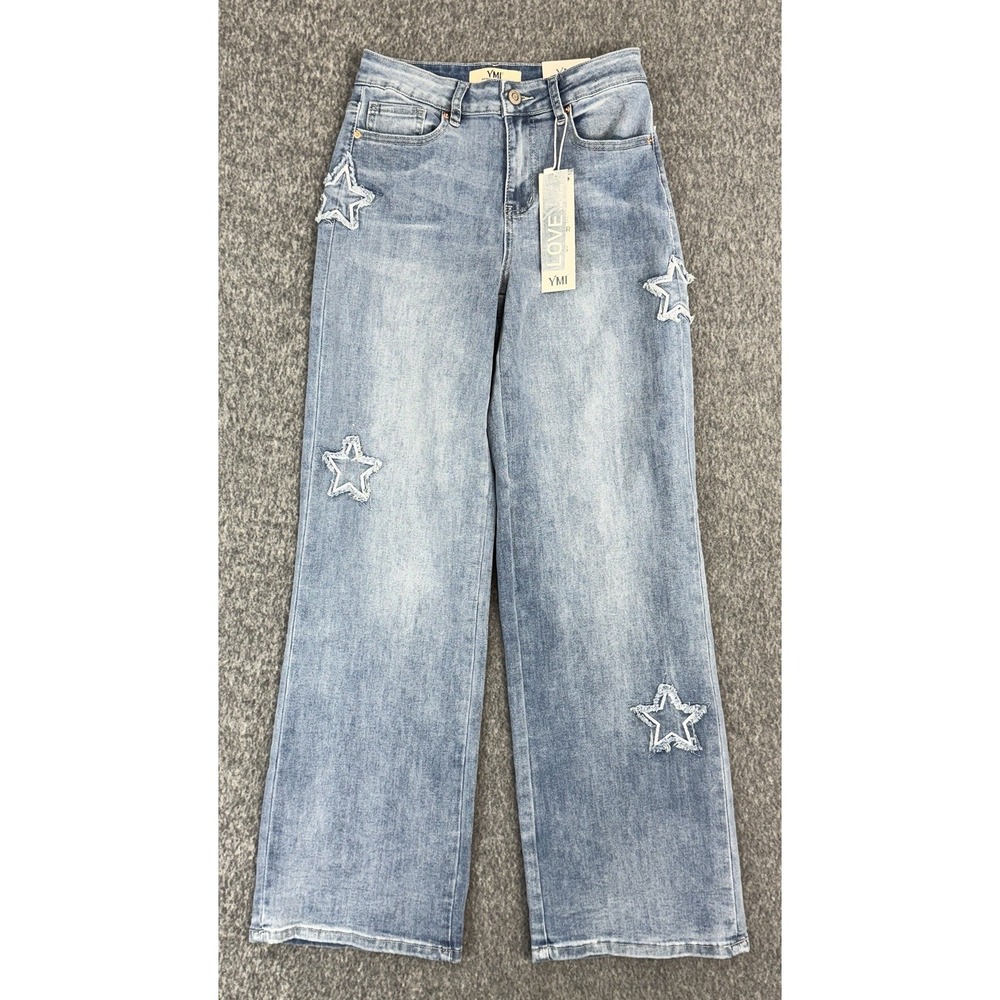 YMI High Rise Wide Leg Jeans Star Patch Y2K Light Wash Womens 7/28